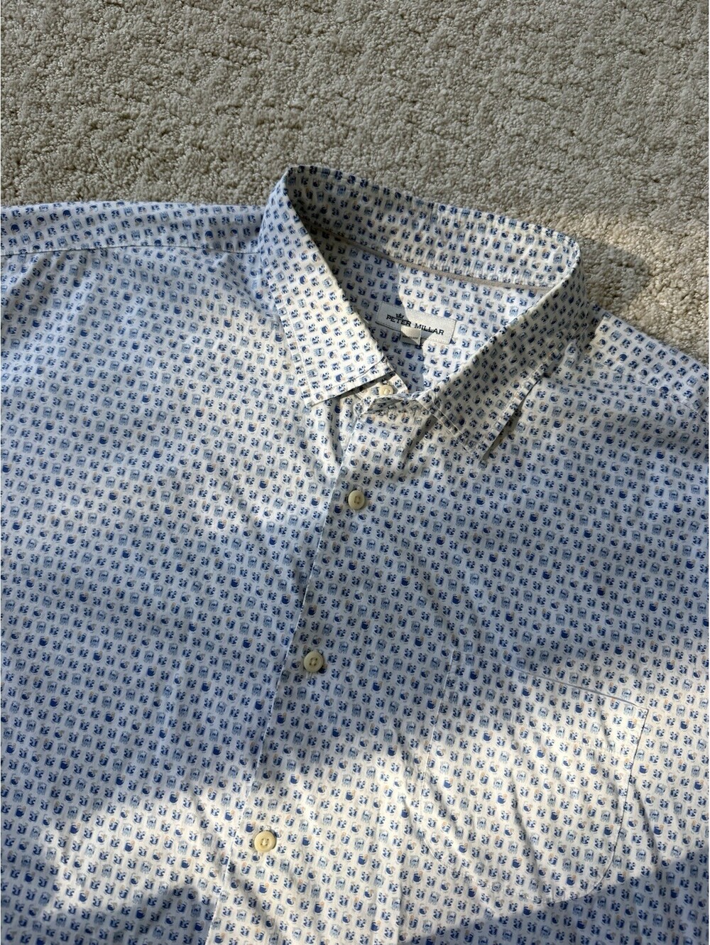 Peter Millar Men’s XXL Button Down Shirt Blue White Print Cotton Stretch
